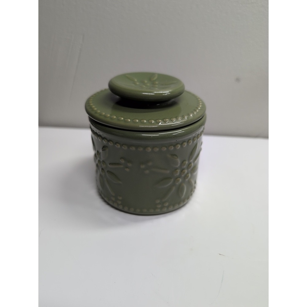 Temp-tations 16 oz Green Ceramic Butter Bell w/ Lid Floral Embossed Cylinder